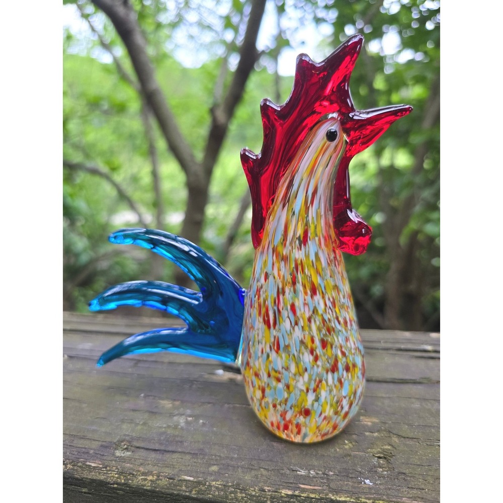 Vintage Murano Style Art Glass Rooster Figurine Multicolor Confetti Spatter